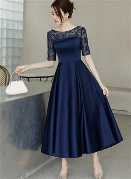 Picture of Navy Blue Tea Length Satin Short Sleeves Party Dresses, Blue Wedding Party Dress